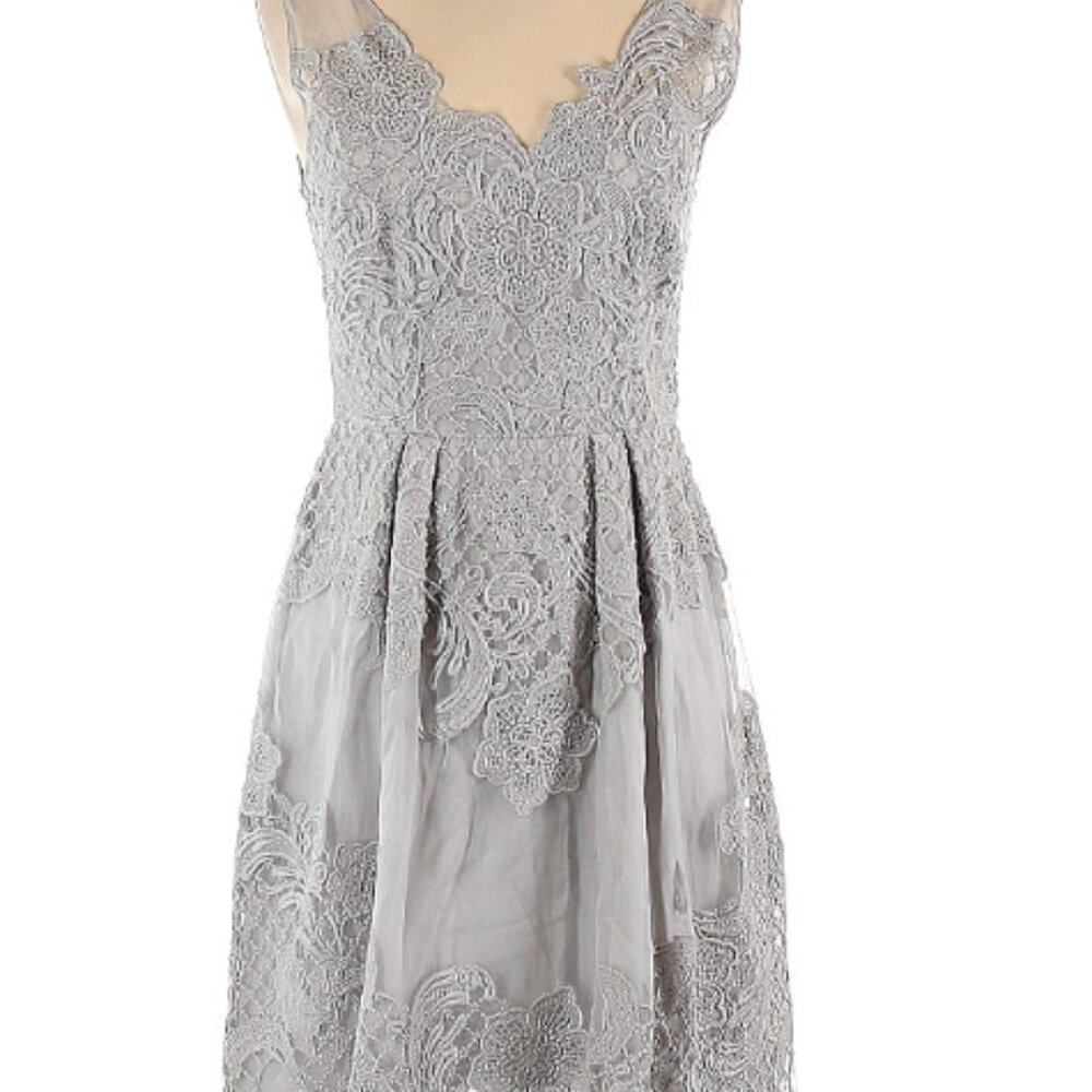 Yoana Baraschi Grey Lace Floral Embroidered Sleeveless A Line Dress